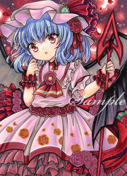 Rule 34 | 1girl, :o, ascot, back bow, bat wings, black wings, blue hair, bow, brooch, collared shirt, commentary request, floral print, flower, frilled shirt collar, frilled skirt, frilled sleeves, frills, green brooch, hat, hat ribbon, head tilt, holding, holding polearm, holding weapon, jewelry, looking at viewer, marker (medium), mob cap, neck ribbon, open mouth, pink hat, pink shirt, pink skirt, polearm, print skirt, red ascot, red background, red bow, red eyes, red flower, red ribbon, red rose, red wrist cuffs, remilia scarlet, ribbon, rose, rose print, rui (sugar3), sample watermark, shirt, short hair, short sleeves, skirt, solo, spear the gungnir, touhou, traditional media, watermark, weapon, wings, wrist cuffs