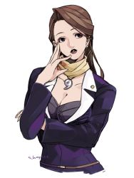 Rule 34 | 1girl, ace attorney, artist name, belt, blazer, breasts, brown eyes, brown hair, business suit, bustier, capcom, cleavage, earrings, fingernails, formal, hair intakes, hand on own cheek, hand on own face, hand up, head tilt, holding own arm, jacket, jewelry, large breasts, lipstick, long hair, long sleeves, looking to the side, magatama, makeup, mature female, mia fey, mole, mole under mouth, parted lips, phoenix wright: ace attorney, scarf, signature, simple background, solo, stud earrings, suit, suzuki hayase, swept bangs, upper body, white background