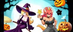 2girls aqua_eyes armlet black_dress black_eyes black_nails blonde_hair blue_brooch blue_earrings blue_eyes bowser bowsette bowsette_(alternet_version) bracelet breasts brooch collar crossdressing dress earrings hair_between_eyes hair_over_one_eye halloween hat high_ponytail horns jack-o’-lanterns jewelry large_breasts long_hair multiple_girls nintendo pointy_ears polari_(super_mario_galaxy) purple_dress red_eyes red_hair rosalina rosalina_(halloween) scaly_skin spiked_armlet spiked_bracelet spiked_collar spikes spooky_trees star_(symbol) star_brooch star_earrings super_crown super_star_(mario) tail tail_spikes trap turtle_shell white_bat witch_broom witch_hat