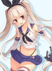 Rule 34 | 10s, 1girl, alternate hairstyle, anchor, anchor hair ornament, ayuteisyoku, bare shoulders, black panties, blonde hair, blush, buttons, crop top, elbow gloves, gloves, grey eyes, hair between eyes, hair ornament, hairband, highleg, highleg panties, kantai collection, long hair, looking at viewer, microskirt, midriff, miniskirt, open mouth, panties, sailor collar, school uniform, serafuku, shimakaze (kancolle), skirt, smile, solo, striped clothes, striped thighhighs, thighhighs, twintails, twintails day, underwear, v, white gloves