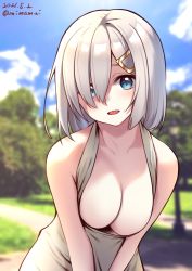 Rule 34 | 1girl, alternate costume, blue eyes, blurry, blurry background, breasts, cleavage, cloud, collarbone, cowboy shot, day, dress, hair ornament, hair over one eye, hairclip, hamakaze (kancolle), highres, kantai collection, large breasts, looking at viewer, mimamui, no bra, outdoors, park, parted lips, short hair, sky, smile, solo, tree