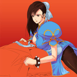 Rule 34 | 1girl, alternate hairstyle, bracelet, brown eyes, brown hair, cao-cao, capcom, china dress, chinese clothes, chun-li, dress, jewelry, long hair, pantyhose, pelvic curtain, solo, spiked bracelet, spikes, street fighter