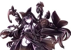Rule 34 | 10s, 1girl, abyssal ship, black bow, black hair, bow, breasts, chain, choker, claws, cleavage, groin, hair bow, kantai collection, long hair, navel, red eyes, seaplane tender princess, simple background, slit pupils, solo, syarute, white background