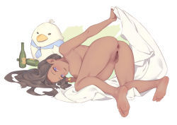 Rule 34 | 1girl, all fours, anus, ass, barefoot, big belly, bigrbear, bird, black hair, bottle, bracelet, breasts, completely nude, dark-skinned female, dark skin, feet, jewelry, large breasts, long hair, looking at viewer, nipples, nude, original, pointy ears, pregnant, purple eyes, pussy, simple background, smile, soles, solo, teeth, uncensored, white background