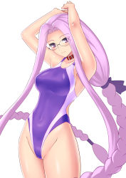 Rule 34 | 1girl, absurdly long hair, arms up, artist request, bad id, bad pixiv id, breasts, collar, collarbone, commentary, competition swimsuit, cowboy shot, eyes visible through hair, fate/stay night, fate (series), glasses, highleg, highleg swimsuit, highres, large breasts, long braid, long hair, looking at viewer, medusa (fate), medusa (rider) (fate), one-piece swimsuit, purple eyes, purple hair, ribbon, sidelocks, smile, solo, square pupils, swimsuit, very long hair