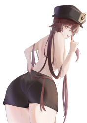 Rule 34 | 1girl, absurdres, alternate ass size, artist request, ass, bare shoulders, black shorts, brown eyes, brown hair, come hither, from behind, genshin impact, hat, hat ornament, highres, hu tao (genshin impact), leaning, leaning forward, long hair, looking at viewer, looking back, naughty face, pantylines, shiny clothes, shiny skin, short shorts, shorts, smile, solo, sweat, tongue, tongue out, topless, twintails, very long hair