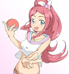 Rule 34 | 10s, 1girl, bare shoulders, belt, blue eyes, blush, breasts, creatures (company), denim, game freak, high ponytail, highres, jeans, long hair, looking at viewer, midriff, navel, nintendo, pants, pink hair, poke ball, pokemon, pokemon (anime), pokemon xy, ponytail, premiere (pokemon), red hair, ribbon, small breasts, smile