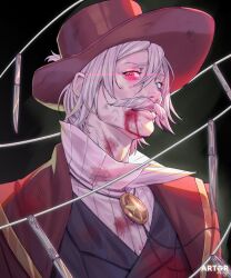 Rule 34 | 1boy, after battle, arttoru, blood, blood on face, blue eyes, cape, commentary, facial hair, gloves, hat, heterochromia, highres, jack the ripper (shuumatsu no valkyrie), knife, looking at viewer, male focus, mustache, old, old man, red eyes, shirt, short hair, shuumatsu no valkyrie, smile, solo, tower, upper body, white hair, white shirt, wire
