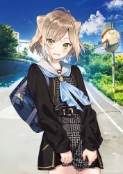 Rule 34 | 1girl, ahoge, bag, bag charm, belt, black dress, blue neckwear, blue sky, brown hair, building, bush, charm (object), clothes pull, cloud, commentary request, cowboy shot, day, dress, dress pull, flower, grass, green eyes, hanekoto, highres, long hair, looking at viewer, mirror, open mouth, original, outdoors, patterned clothing, reflection, road, sailor collar, school bag, school uniform, sidelocks, sky, standing, sunflower, tree, wavy mouth, white sailor collar