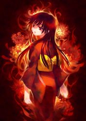 Rule 34 | bad id, bad pixiv id, fire, flower, highres, japanese clothes, kimono, long hair, looking back, minami seira, original, red eyes, red hair, solo