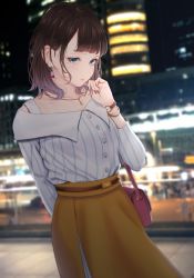 Rule 34 | 1girl, arm behind back, bad id, bad pixiv id, bag, belt, blue eyes, blunt bangs, blurry, blurry background, bracelet, brown hair, brown skirt, car, city lights, collarbone, earrings, handbag, highres, jewelry, lamppost, long skirt, looking at viewer, mole, mole under eye, motor vehicle, nail polish, necklace, night, off-shoulder shirt, off shoulder, original, outdoors, parted lips, saitou (lynx-shrike), shirt, shirt tucked in, short hair, skirt, solo, striped clothes, striped shirt, watch, white shirt
