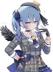 Rule 34 | 1girl, ?, back bow, belt, beret, black gloves, black wings, blue belt, blue bow, blue choker, blue eyes, blue hair, blush, bow, bracelet, choker, closed mouth, crown, earrings, feathered wings, gloves, grey hat, grey jacket, grey skirt, hair between eyes, hair bow, hand on own hip, hand up, hat, highres, hololive, hoshimachi suisei, hoshimachi suisei (1st costume), jacket, jewelry, kohaku (csacu), layered skirt, long sleeves, looking at viewer, medium hair, mini crown, partially fingerless gloves, plaid, plaid headwear, plaid jacket, plaid skirt, pleated skirt, shirt, side ponytail, simple background, single wing, skirt, smile, solo, star (symbol), star earrings, star in eye, symbol in eye, virtual youtuber, white background, white shirt, wings