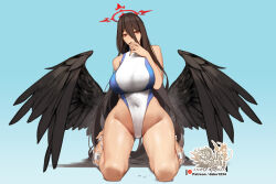 Rule 34 | 1girl, arm behind back, black nails, black wings, blue archive, blue background, breasts, cameltoe, competition swimsuit, covering own mouth, halo, hand over own mouth, hasumi (blue archive), highres, hip bones, hu dako, kneeling, large breasts, leaning, long hair, mole, mole under eye, nail polish, navel, one-piece swimsuit, red eyes, sandals, school swimsuit, shiny skin, smirk, spread legs, swimsuit, tagme, very long hair, wide hips, wings