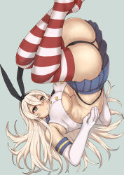 Rule 34 | 1girl, aged up, animal ears, arinotowatari, ass, blonde hair, blue skirt, breasts, closed mouth, detached sleeves, kantai collection, long hair, panties, rabbit ears, shimakaze (kancolle), shirt, skirt, solo, striped clothes, striped thighhighs, thighhighs, underboob, underwear, upside-down, white background, white shirt