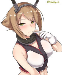 Rule 34 | 1girl, absurdres, bare shoulders, breasts, brown hair, closed mouth, collar, cropped shirt, flipped hair, from above, gloves, green eyes, headgear, highres, kantai collection, kiritto, large breasts, looking at viewer, mutsu (kancolle), navel, short hair, simple background, smile, solo, twitter username, upper body, white background, white gloves