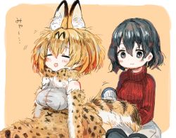 Rule 34 | 10s, 2girls, adapted costume, animal ears, bare shoulders, black eyes, black hair, black legwear, blush, border, bow, bowtie, breasts, closed eyes, cross-laced clothes, dot nose, elbow gloves, facing away, gloves, hair between eyes, hair brush, kaban (kemono friends), kemono friends, large breasts, long sleeves, looking at another, looking down, motion lines, multiple girls, no headwear, no nose, open mouth, orange background, orange hair, outside border, pantyhose, pantyhose under shorts, red sweater, rounded corners, serval (kemono friends), serval print, serval tail, shirt, short hair, shorts, simple background, sitting, skirt, sleeveless, sleeveless shirt, smile, striped tail, sweater, tail, tail brushing, tareme, white border, white shorts, zinbei