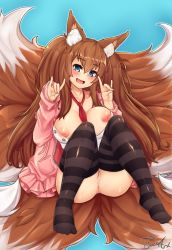 Rule 34 | 1girl, animal ear fluff, animal ears, between breasts, black thighhighs, blue background, blue eyes, blush, bottomless, breasts, brown hair, buttons, cardigan, commission, fangs, fluffy, fox ears, fox shadow puppet, fox tail, hair between eyes, hand up, highres, inverted nipples, jacket, joosi, large breasts, large tail, long hair, looking at viewer, lying, multiple tails, necktie, necktie between breasts, neckwear between breasts, nipples, no bra, open clothes, open mouth, open shirt, original, pink cardigan, pink jacket, plushmallow, red necktie, shirt, signature, sitting, skindentation, smile, solo, striped clothes, striped thighhighs, tail, thighhighs, twintails, unbuttoned, white shirt