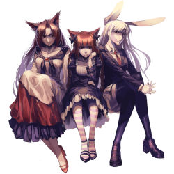 Rule 34 | 3girls, animal ears, ankle strap, arm support, black dress, black legwear, braid, brooch, brown eyes, brown hair, cat ears, closed mouth, collarbone, dress, extra ears, hair ribbon, high heels, highres, imaizumi kagerou, interlocked fingers, jacket, jewelry, juliet sleeves, kaenbyou rin, long hair, long sleeves, looking at viewer, mary janes, multiple girls, necktie, pantyhose, puffy sleeves, rabbit ears, red eyes, red hair, reisen udongein inaba, revision, ribbon, ruukii drift, shaded face, shirt, shoes, silver hair, simple background, sitting, skirt, smile, strappy heels, striped clothes, striped legwear, striped pantyhose, tail, thighhighs, touhou, twin braids, underbust, v arms, very long hair, white background, wide sleeves, wolf ears, zettai ryouiki