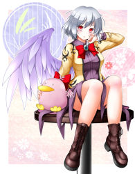 Rule 34 | 1girl, aka tawashi, ankle boots, boots, bow, bowtie, breasts, brown footwear, cross-laced footwear, dress, full body, highres, jacket, kishin sagume, lace-up boots, long sleeves, looking at viewer, mario (series), md5 mismatch, nintendo, on table, open mouth, parted lips, purple dress, purple skirt, raphael the raven, red eyes, short hair, silver hair, single wing, sitting, skirt, solo, table, touhou, wings, yoshi&#039;s island