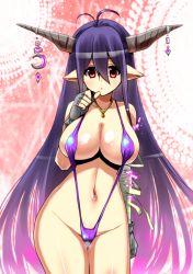 Rule 34 | 10s, 1girl, bad id, bad pixiv id, breasts, cleavage, danua, draph, female focus, gradient background, granblue fantasy, groin, horns, large breasts, long hair, looking at viewer, perepere-kun, pointy ears, purple hair, shiny skin, slingshot swimsuit, solo, swimsuit, very long hair