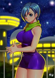 Rule 34 | 10s, 1girl, aqua eyes, aqua hair, artist name, bare arms, bare legs, bare shoulders, bodycon, breasts, building, bulma, covered erect nipples, curvy, deviantart username, dragon ball, dragon ball super, dragonball z, dress, female focus, fence, jadenkaiba, large breasts, legs, lips, looking at viewer, matching hair/eyes, mature female, neck, night, night sky, outdoors, own hands together, parted lips, puffy nipples, purple dress, scarf, shiny clothes, shiny skin, short dress, short hair, sky, sleeveless, sleeveless dress, smile, solo, standing, star (sky), starry sky, thighs, watermark, web address