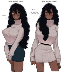 Rule 34 | 1girl, arms at sides, before and after, belt, black-framed eyewear, black hair, black skirt, blue eyes, blush, breasts, broccoli (ohasi), brown lips, commentary, contrapposto, dark-skinned female, dark skin, dress, english text, glasses, highres, large breasts, lip piercing, looking at viewer, narrow waist, ohasi, original, pencil skirt, perky breasts, piercing, round eyewear, skirt, sleeves past wrists, solo, standing, sweater, sweater dress, symbol-only commentary, turtleneck, turtleneck sweater, v arms, very dark skin, white sweater