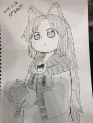 Rule 34 | :t, aged down, animal ear fluff, animal ears, apple, dated, dress, eating, food, fruit, gem, greyscale, highres, holding, holding food, holding fruit, imaizumi kagerou, long sleeves, looking at viewer, marker (medium), monochrome, photo (medium), poronegi, scarf, signature, smile, touhou, traditional media, wolf ears