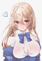 Rule 34 | 1girl, :d, blonde hair, blue bow, blue bowtie, blue jacket, blush, bow, bowtie, breasts, brown eyes, cleavage, closed mouth, collared shirt, goddess of victory: nikke, hair ornament, heart, highres, jacket, large breasts, licking lips, long hair, nekoponart, off shoulder, open clothes, open jacket, open mouth, partially unbuttoned, shirt, simple background, smile, solo, tia (nikke), tongue, tongue out, white background, white shirt