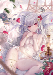 Rule 34 | 1girl, beach, blurry, blurry foreground, blush, bra, bracelet, breasts, cloud, commentary, covering breasts, covering privates, day, english commentary, falling petals, flower, grey hair, hair flower, hair ornament, hammock, highres, ito lab, jewelry, lace, lace bra, lace panties, long hair, looking at viewer, lying, medium breasts, navel, o-ring, o-ring bottom, o-ring panties, oil lamp, original, outdoors, palm tree, panties, pantyhose, parted lips, petals, red eyes, red flower, see-through, side-tie panties, solo, sparkle, star (symbol), tree, underwear, unworn bra, water drop, wet, white bra, white flower, white panties, white pantyhose