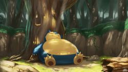 Rule 34 | closed mouth, commentary request, creatures (company), fangs, forest, game freak, gen 1 pokemon, grass, highres, light beam, lying, nature, nintendo, no humans, on back, outdoors, pokemon, pokemon (creature), snorlax, solo, spareribs, tree, watermark