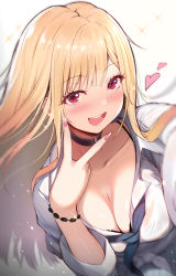 Rule 34 | 1girl, :d, bad id, bad pixiv id, black choker, blonde hair, blush, bracelet, breasts, choker, cleavage, closed mouth, collarbone, ear piercing, earrings, gyaru, highres, jewelry, kitagawa marin, large breasts, long hair, looking at viewer, makeup, migumigu, nail polish, open mouth, piercing, red eyes, school uniform, selfie, simple background, smile, solo, sono bisque doll wa koi wo suru, upper body, white background