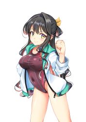 Rule 34 | 1girl, absurdres, black hair, breasts, clenched hand, commentary request, competition swimsuit, cowboy shot, hair ribbon, half updo, highleg, highleg swimsuit, highres, hood, hooded jacket, hoodie, jacket, kantai collection, large breasts, long hair, looking at viewer, multicolored hair, naganami (kancolle), one-piece swimsuit, pink hair, purple one-piece swimsuit, ribbon, simple background, solo, swimsuit, two-tone hair, wavy hair, white background, white jacket, yashin (yasinz), yellow eyes, yellow ribbon