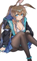 Rule 34 | 1girl, absurdres, amiya (arknights), animal ears, arknights, black coat, black pantyhose, blue eyes, breasts, brown hair, cleavage, coat, highres, large breasts, long hair, looking at viewer, pantyhose, ponytail, rabbit girl, sitting, solo, thighband pantyhose, zhuxiao517