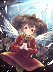 :o angel_wings ashley_(warioware) black_hair black_pantyhose blue_halo dress falling_feathers feathered_wings feathers floating_clothes hair_between_eyes halo highres light_particles long_hair matchamassa necktie nintendo orange_necktie own_hands_clasped own_hands_together pantyhose red_dress red_eyes skull_ornament twintails warioware white_wings wings