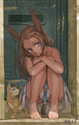 Rule 34 | 1girl, animal ears, bare legs, bare shoulders, barefoot, blue eyes, braid, brown hair, cat, dated, dress, knees to chest, long hair, no panties, original, parted bangs, solo, squatting, strapless, strapless dress, toro (konirio), white dress