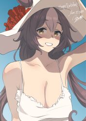 Rule 34 | 1girl, alternate costume, animal ears, arm up, armpits, bare shoulders, blue sky, breasts, brown hair, cleavage, commentary request, dress, ear ornament, ears through headwear, grin, hair between eyes, hat, highres, horse ears, horse girl, kumabachi315, large breasts, long hair, looking at viewer, multicolored hair, outdoors, sky, smile, solo, straw hat, streaked hair, sun hat, umamusume, upper body, very long hair, white dress, white hair, yamanin zephyr (umamusume), yellow eyes
