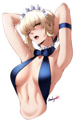Rule 34 | 1girl, armband, armpits, arms behind head, artist name, artoria pendragon (alter swimsuit rider) (fate), artoria pendragon (fate), blue bow, blush, bow, braid, breasts, breasts apart, commentary, cropped torso, english commentary, fate/grand order, fate (series), french braid, hair bow, highres, looking at viewer, medium breasts, navel, one eye closed, slingshot swimsuit, solo, swimsuit, yellow eyes, zealyush