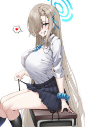 Rule 34 | absurdres, asuna (blue archive), asymmetrical bangs, black skirt, black socks, blue archive, blue eyes, bow, bowtie, breasts, button gap, cleavage, desk, elze (s01047480836), feet out of frame, from side, grin, hair over one eye, hair ribbon, halo, heart, highres, kneehighs, large breasts, long hair, looking at viewer, miniskirt, on desk, panties, pleated skirt, ribbon, school uniform, scrunchie, shirt, shirt tucked in, side-tie panties, simple background, sitting, skirt, smile, socks, spoken heart, underwear, very long hair, white background, white shirt, wrist scrunchie