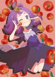 Rule 34 | 1girl, acerola (pokemon), apple, armlet, creatures (company), dress, eating, flipped hair, food, fruit, game freak, highres, jumping, medium hair, multicolored clothes, multicolored dress, nintendo, one eye closed, pokemon, pokemon sm, pokemon usum, purple dress, purple eyes, purple hair, refisa, solo, solo focus, stitches, topknot, torn clothes, torn dress
