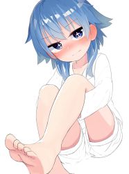 Rule 34 | + +, 1girl, barefoot, blue hair, blush, feet, female focus, highres, hugging own legs, original, partially colored, soles, solo, symbol-shaped pupils, tikaminchat, toes