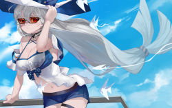 Rule 34 | 1girl, adjusting clothes, adjusting headwear, ao oni (onioni-aoi), arknights, bare shoulders, black choker, breasts, choker, cleavage, commentary, cowboy shot, expressionless, floating hair, hair between eyes, hand on railing, hand up, hat, highres, long hair, looking at viewer, low-tied long hair, medium breasts, midriff, navel, off-shoulder shirt, off shoulder, official alternate costume, orange-tinted eyewear, orange-tinted glasses, outdoors, railing, red eyes, shirt, sideways glance, silver hair, skadi (arknights), skadi (waverider) (arknights), sky, solo, stomach, sun hat, sunglasses, tinted eyewear, white shirt