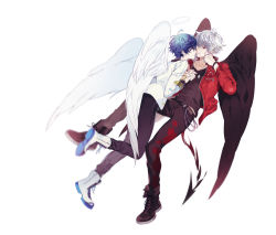 Rule 34 | 175x172nyrn, 2boys, angel, angel wings, asahi nayuta, bishounen, blue hair, boots, demon tail, demon wings, from argonavis, halo, jacket, jewelry, leather, leather jacket, male focus, multiple boys, nanahoshi ren, necklace, red jacket, ring, simple background, tail, white background, white hair, wings, yaoi
