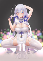 Rule 34 | 1girl, absurdres, arm up, azur lane, blue eyes, blurry, blurry background, breasts, china dress, chinese clothes, cleavage, cutout above navel, dress, flower, folded fan, folding fan, framed breasts, garter straps, grey background, grey hair, hair flower, hair ornament, hand fan, high heels, highres, holding, holding fan, ichikushi mojibake, illustrious (azur lane), illustrious (maiden lily&#039;s radiance) (azur lane), large breasts, long hair, looking at viewer, official alternate costume, pelvic curtain, purple flower, see-through, see-through dress, see-through silhouette, short sleeves, simple background, solo, spread legs, squatting, stiletto heels, thighhighs, tri tails, very long hair, white dress, white footwear, white garter straps, white thighhighs