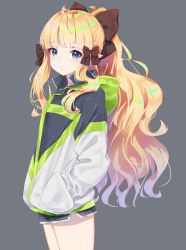 Rule 34 | 1girl, black jacket, black shorts, blonde hair, blue eyes, blush, bow, brown bow, closed mouth, commentary request, grey background, hair bow, hands in pockets, highres, hood, hood down, hooded jacket, jacket, k mugura, long hair, looking at viewer, looking to the side, ponytail, princess connect!, saren (princess connect!), short shorts, shorts, sidelocks, simple background, solo, very long hair