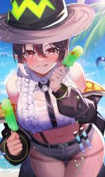 Rule 34 | 1girl, :q, absurdres, amahara subaru, bare shoulders, black hair, black hat, black jacket, blue sky, blush, breasts, chest harness, collared shirt, cowboy shot, crop top, day, food, grey shorts, hair between eyes, harness, hat, highres, holding, holding food, indie virtual youtuber, isonade orca, jacket, large breasts, leaning forward, long sleeves, looking at viewer, micro shorts, multicolored hair, navel, open clothes, open jacket, palm leaf, pointy ears, popsicle, red eyes, red hair, shirt, short hair, shorts, sky, sleeveless, sleeveless shirt, solo, standing, stomach, streaked hair, test tube, thigh gap, tongue, tongue out, virtual youtuber, white shirt, witch hat