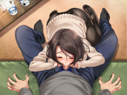Rule 34 | 1girl, alcohol, ass, beer, black hair, black pantyhose, blush, breasts, can, censored, cle masahiro, closed eyes, drunk, feet, fellatio, from above, highres, indoors, kateikyoushi saki no okaa-san to, kneeling, large breasts, legs, mosaic censoring, no shoes, oral, panties, panties under pantyhose, pantyhose, penis, pov, short hair, sitting, socks, soles, solo focus, sweater, table, thighs, toes, turtleneck, underwear, unzipped