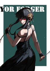 Rule 34 | 1girl, absurdres, arm at side, bare arms, black dress, black gloves, blood, blood on face, bloody weapon, border, character name, chinese commentary, closed mouth, commentary, dagger, dress, feibai, fighting stance, fingerless gloves, floating hair, flower, from behind, gloves, glowing, glowing eyes, gold hairband, green background, hair flower, hair ornament, hairband, hand up, highres, holding, holding weapon, knife, long dress, long hair, looking at viewer, looking back, nose, red eyes, rose, serious, sidelighting, sidelocks, simple background, sleeveless, sleeveless dress, solo, spy x family, standing, stiletto (weapon), swept bangs, weapon, white border, yellow flower, yellow rose, yor briar