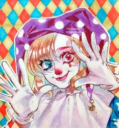 Rule 34 | 1girl, argyle, argyle background, argyle clothes, blue eyes, clown, clownpiece, facepaint, gloves, hat, heterochromia, instagram username, jester cap, konoha217, looking at viewer, marker (medium), multicolored background, polka dot, polka dot background, purple hat, red eyes, smile, solo, touhou, traditional media, twitter username, upper body, white gloves