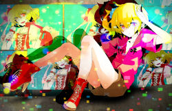 Rule 34 | 1girl, bad id, bad pixiv id, blonde hair, high heels, hood, hoodie, hoshima, kagerou project, kisaragi attention (vocaloid), kisaragi momo, legs, looking at viewer, red eyes, shoes, short hair, side ponytail, sitting, solo, vocaloid