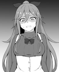 Rule 34 | 1girl, breasts, gradient background, greyscale, hair ribbon, highres, kantai collection, long hair, medium breasts, monochrome, ponytail, ribbon, shaded face, solo, sweat, takaman (gaffe), upper body, wavy mouth, yamakaze (kancolle)